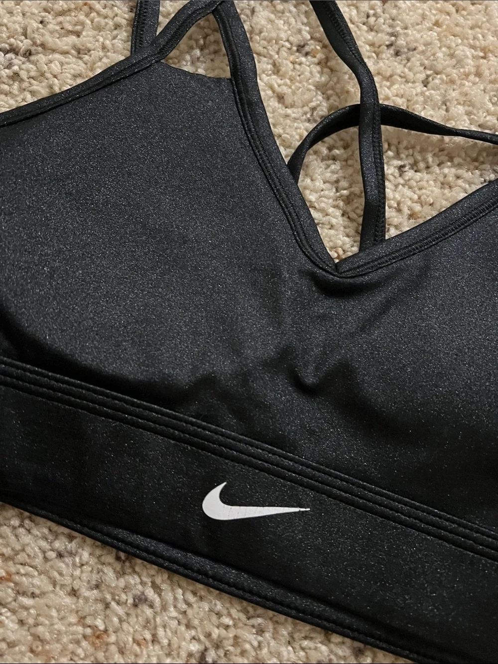 Nike Black Strappy V‑Neck Sports Bra with White Swoosh